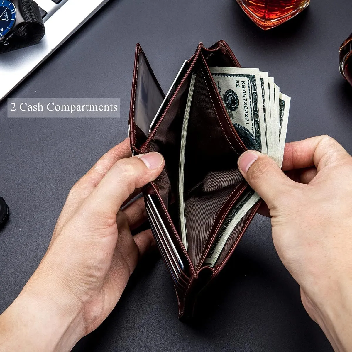 BULLCAPTAIN Large Capacity Genuine Leather Bifold Wallet/Credit Card Holder for Men with 15 Card Slots QB-027