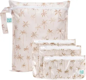 Bumkins Waterproof Wet Bag and Packing Pouches, TSA Airline Compliant, Pack for Baby, Travel, Swim Suit, Cloth Diapers, Pump Parts, Pool, Gym Clothes, Toiletry, Daycare, Zip Bag, 4-pc Set Palm Trees