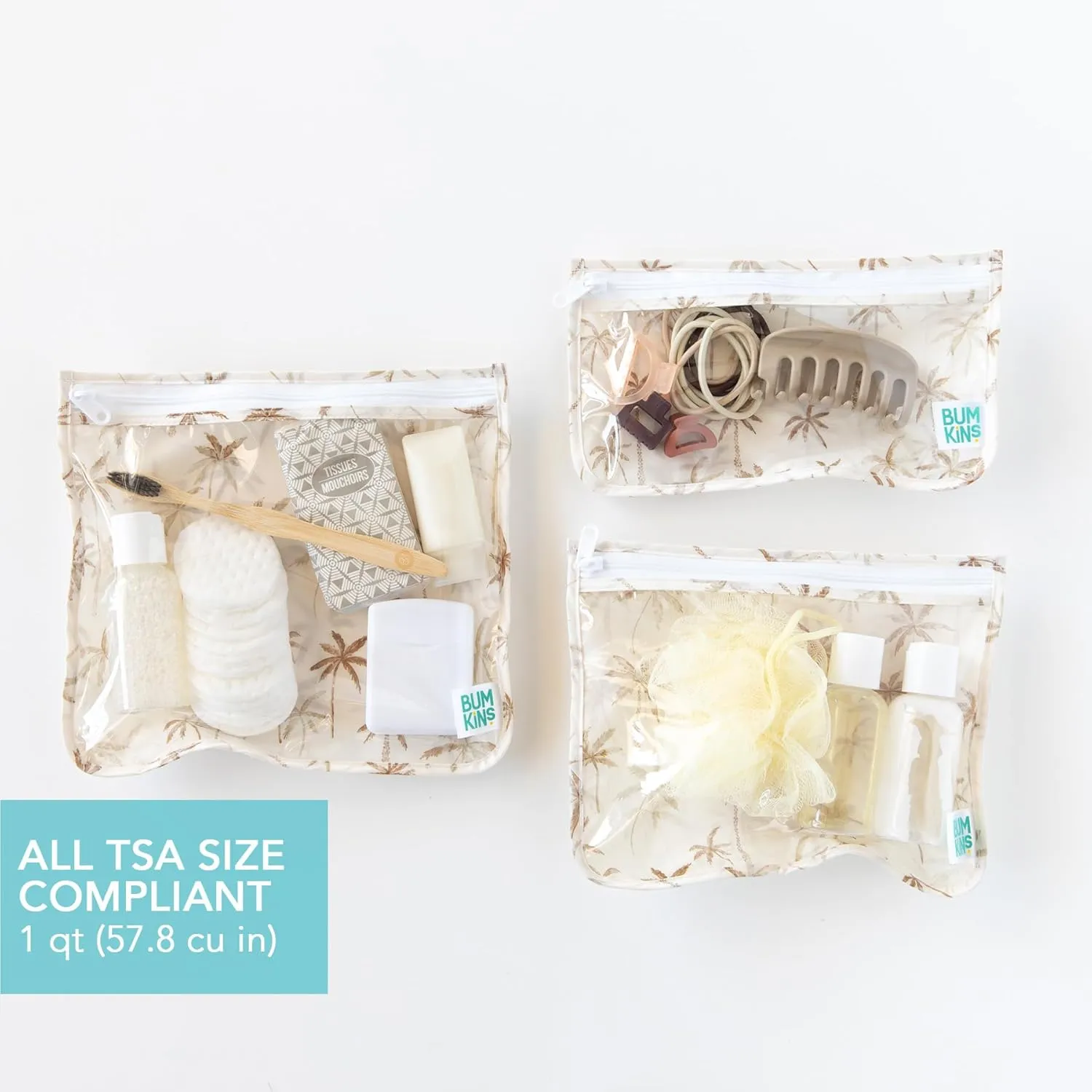 Bumkins Waterproof Wet Bag and Packing Pouches, TSA Airline Compliant, Pack for Baby, Travel, Swim Suit, Cloth Diapers, Pump Parts, Pool, Gym Clothes, Toiletry, Daycare, Zip Bag, 4-pc Set Palm Trees