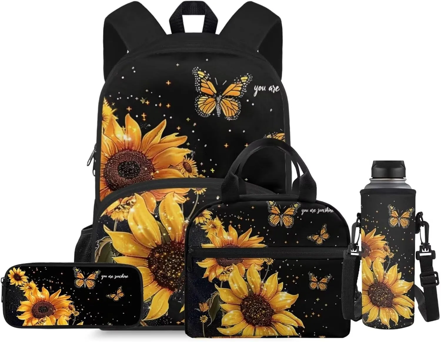 Butterfly 4 in 1 Kids Backpacks for Girls with Lunch Box 17 Inch Book Bag for Girl with Lunch Box Reusable Lunch Bag with Shoulder Strap for School Travel Vacation