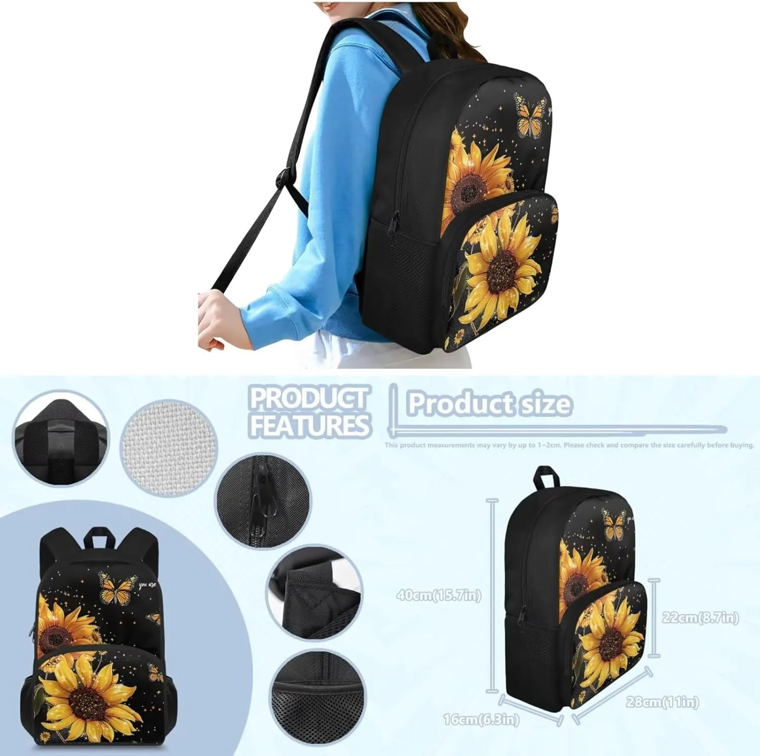 Butterfly 4 in 1 Kids Backpacks for Girls with Lunch Box 17 Inch Book Bag for Girl with Lunch Box Reusable Lunch Bag with Shoulder Strap for School Travel Vacation