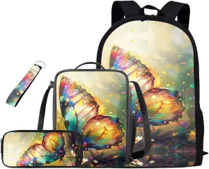 Butterfly 4 Piece Backpack Set for Girls Insulated Lunch Box Cute Pencil Case Wrist Strap Keychain Daypack Shoulder Bags Kids School Backpack Set with Lunch Bag Will Surely Shine at School