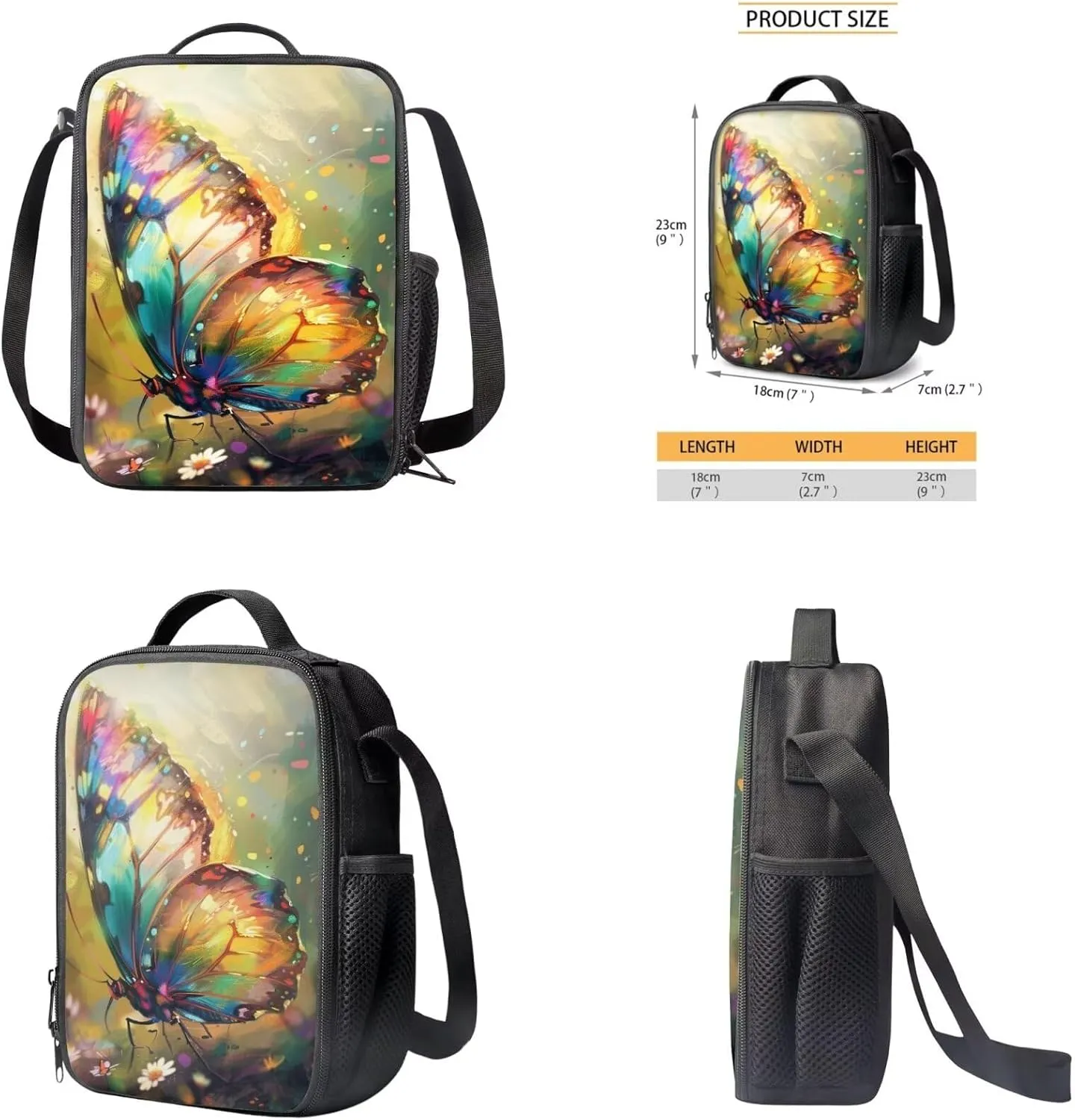 Butterfly 4 Piece Backpack Set for Girls Insulated Lunch Box Cute Pencil Case Wrist Strap Keychain Daypack Shoulder Bags Kids School Backpack Set with Lunch Bag Will Surely Shine at School
