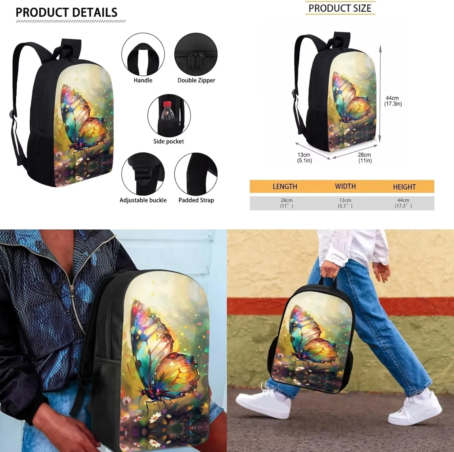 Butterfly 4 Piece Backpack Set for Girls Insulated Lunch Box Cute Pencil Case Wrist Strap Keychain Daypack Shoulder Bags Kids School Backpack Set with Lunch Bag Will Surely Shine at School