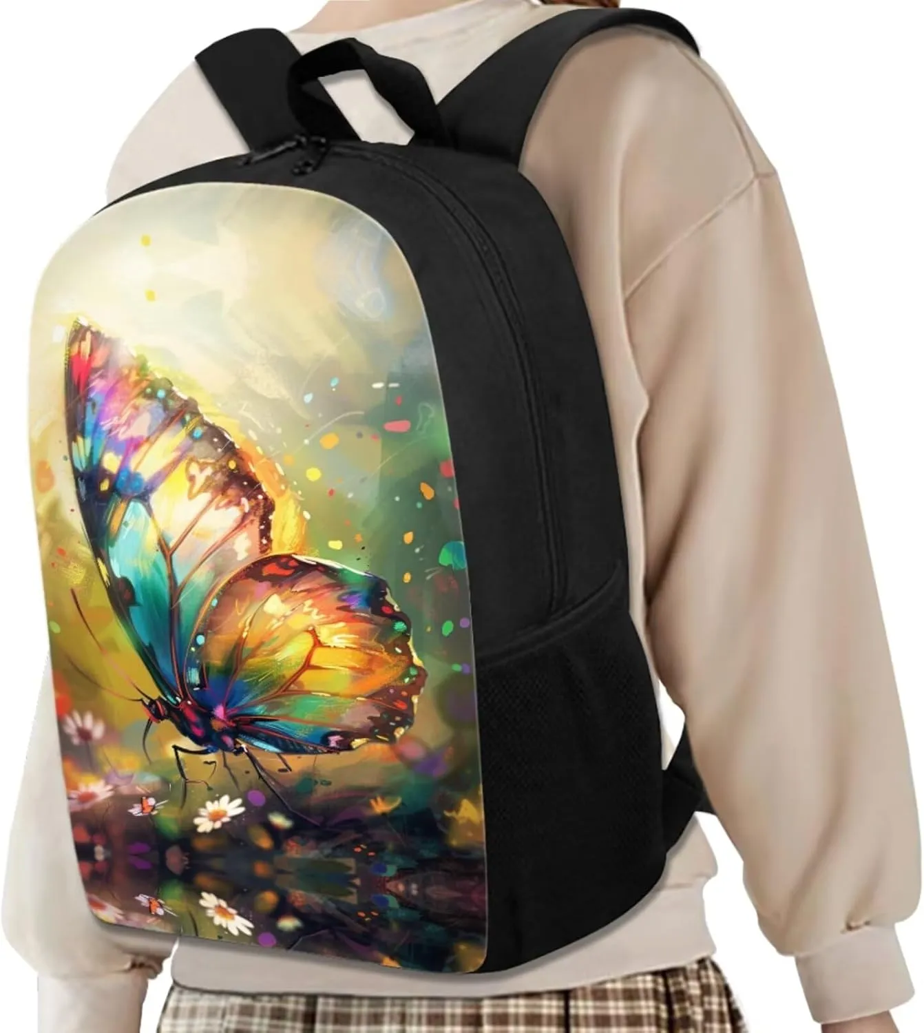Butterfly 4 Piece Backpack Set for Girls Insulated Lunch Box Cute Pencil Case Wrist Strap Keychain Daypack Shoulder Bags Kids School Backpack Set with Lunch Bag Will Surely Shine at School
