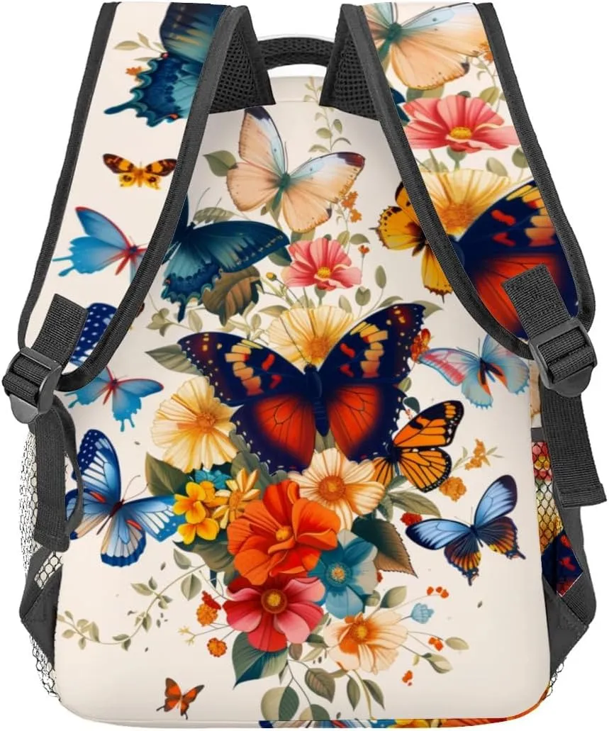 Butterfly Garden Backpack,Colorful Floral Polyester Backpacks,Lightweight Double Shoulder Back Pack for Girls Women,Nature Flower Bookbag,School Bag Gifts,Casual Travel Daypack Book Packs