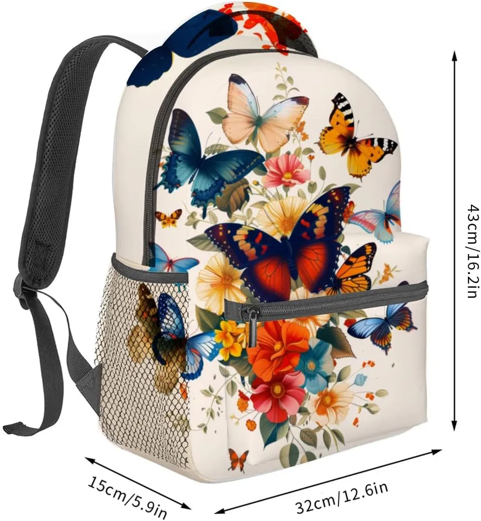 Butterfly Garden Backpack,Colorful Floral Polyester Backpacks,Lightweight Double Shoulder Back Pack for Girls Women,Nature Flower Bookbag,School Bag Gifts,Casual Travel Daypack Book Packs