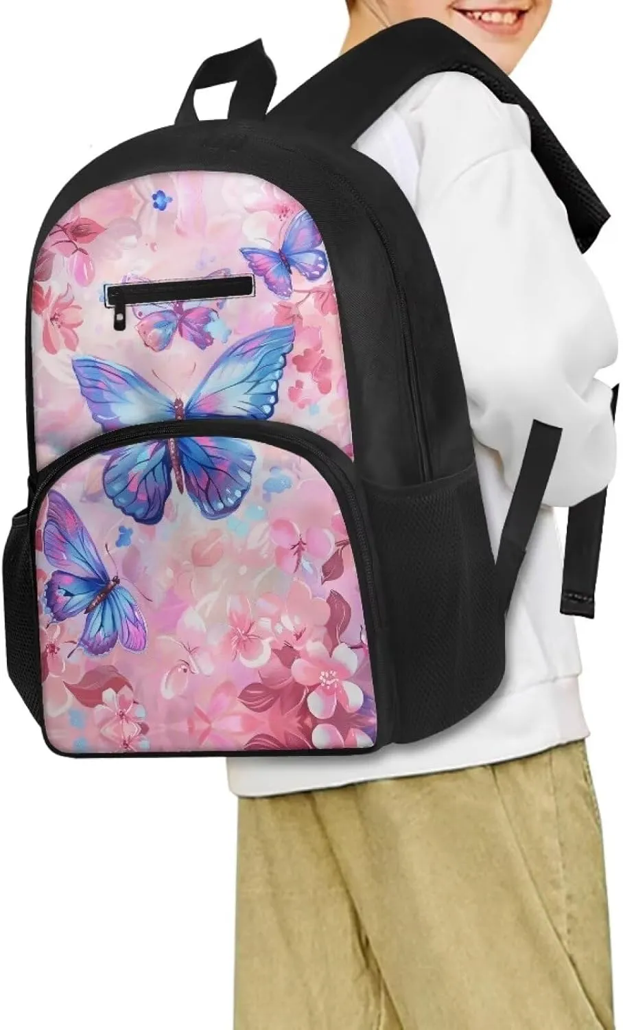 Butterfly Middle School Backpacks for Girls Pink Floral Bookbag Middle Elementary School Bag Back to School Supplies Back Pack Purse for Teens Kids
