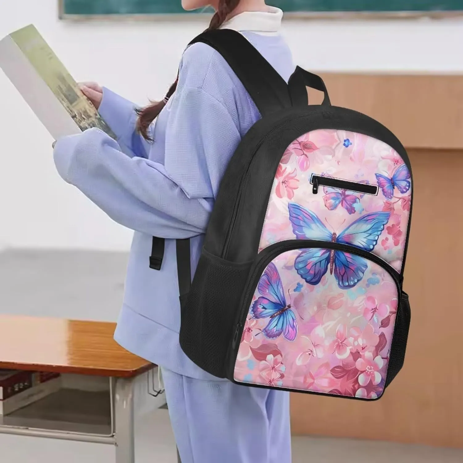 Butterfly Middle School Backpacks for Girls Pink Floral Bookbag Middle Elementary School Bag Back to School Supplies Back Pack Purse for Teens Kids