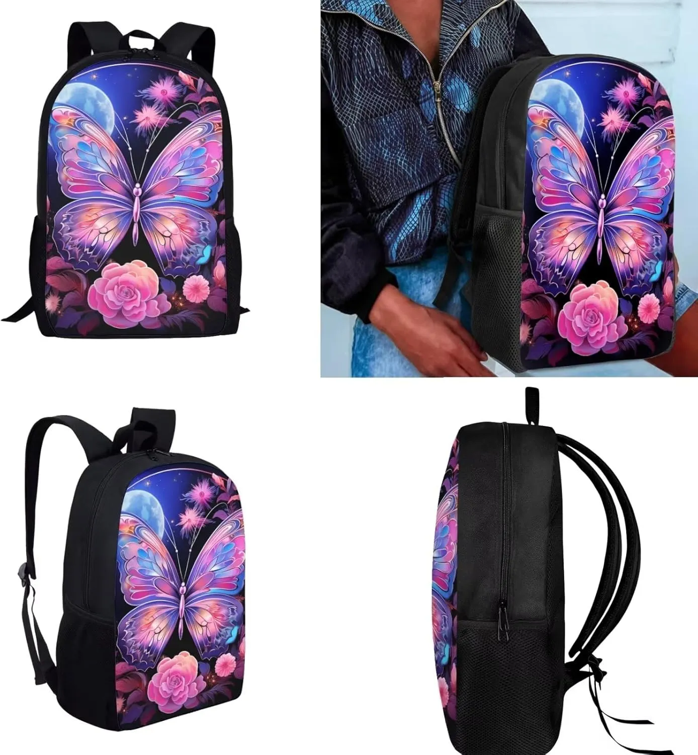 Butterfly Schoolbag for Girls Boys Children School Backpack 4pcs Set Moon Bookbag Insulated Lunchbag Crossbody Water Bottle Holder Bag for Preschool Kindergarten Primary Students