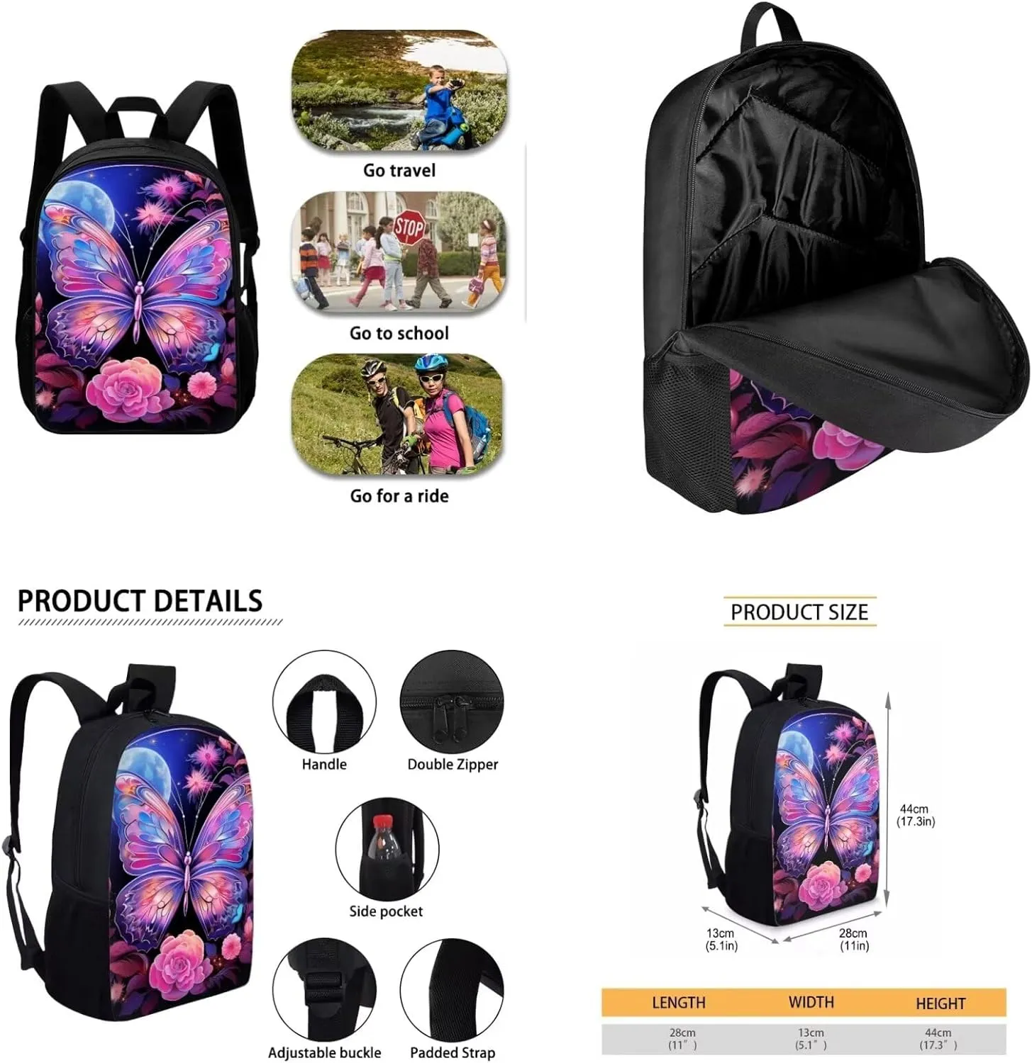 Butterfly Schoolbag for Girls Boys Children School Backpack 4pcs Set Moon Bookbag Insulated Lunchbag Crossbody Water Bottle Holder Bag for Preschool Kindergarten Primary Students