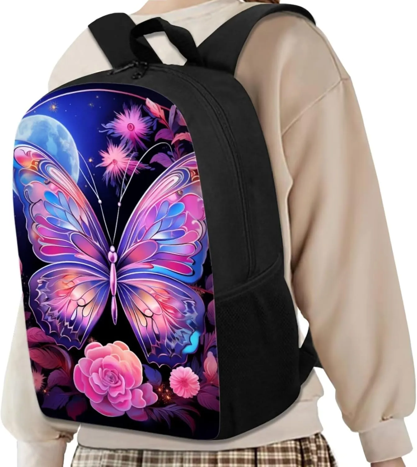 Butterfly Schoolbag for Girls Boys Children School Backpack 4pcs Set Moon Bookbag Insulated Lunchbag Crossbody Water Bottle Holder Bag for Preschool Kindergarten Primary Students