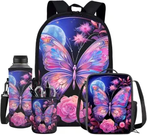 Butterfly Schoolbag for Girls Boys Children School Backpack 4pcs Set Moon Bookbag Insulated Lunchbag Crossbody Water Bottle Holder Bag for Preschool Kindergarten Primary Students