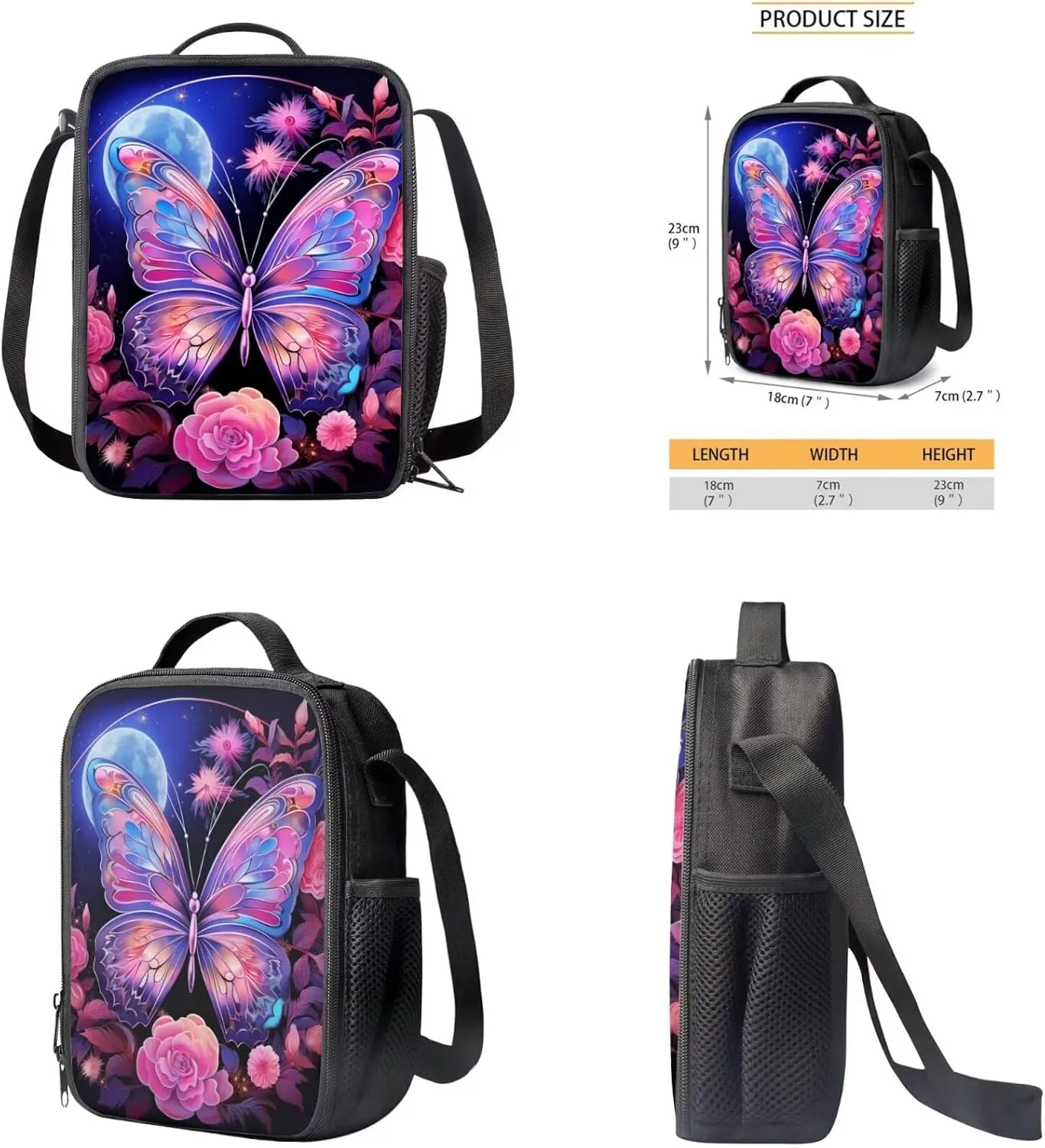 Butterfly Schoolbag for Girls Boys Children School Backpack 4pcs Set Moon Bookbag Insulated Lunchbag Crossbody Water Bottle Holder Bag for Preschool Kindergarten Primary Students