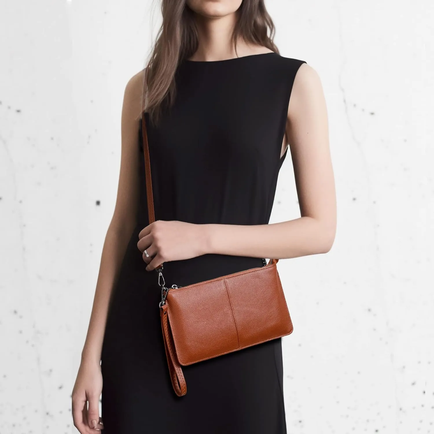 Bveyzi Genuine Leather Wristlet Purses for Women, Envelope Clutch Wallet Small Crossbody Bags for Dressy Evening