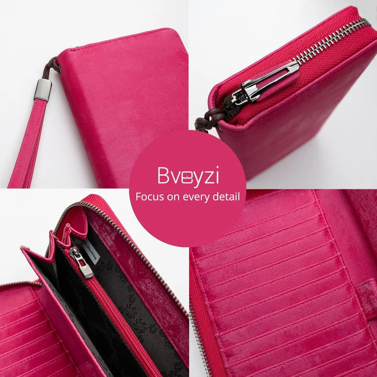 Bveyzi Women RFID Blocking Wallet Leather Zip Around Phone Clutch Large Capacity Ladies Travel Purse Wristlet