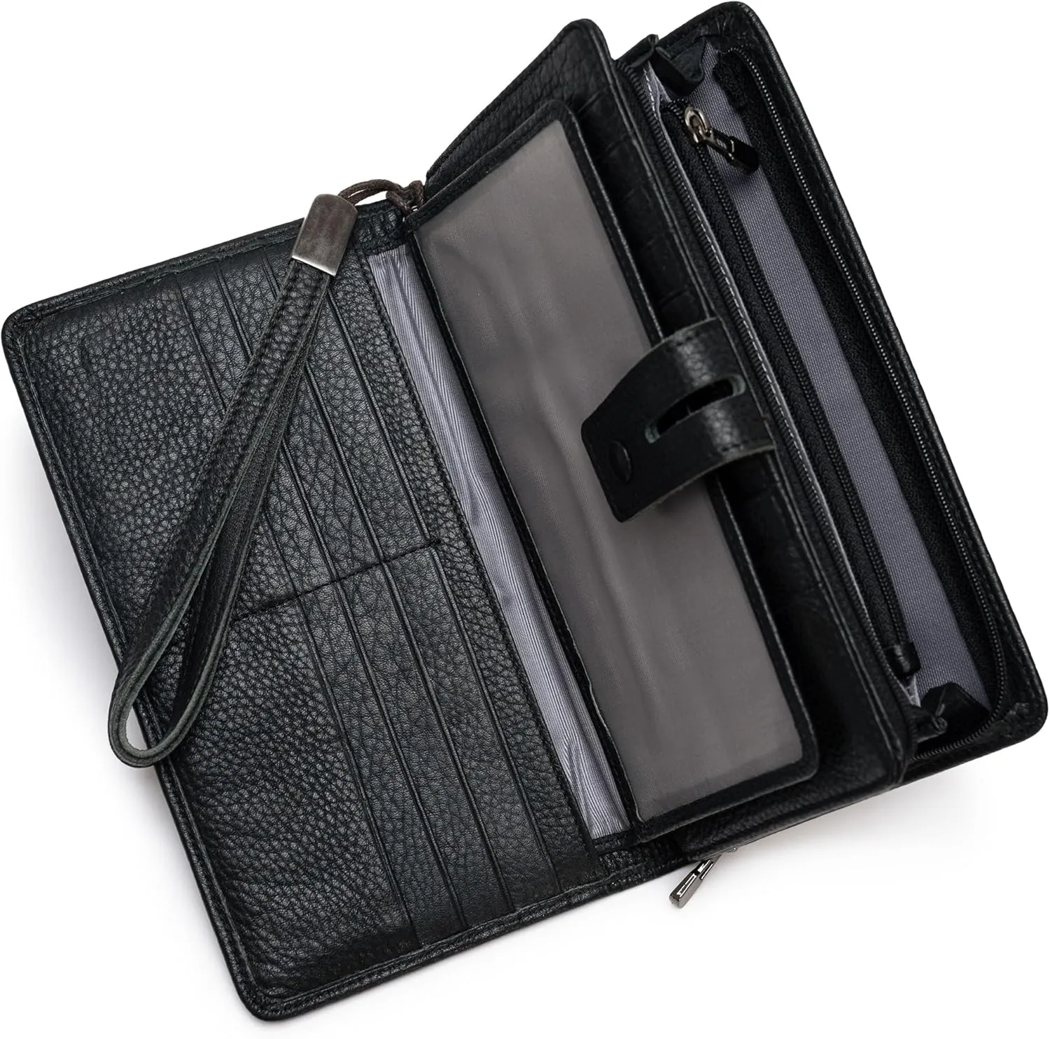 Bveyzi Women's Big Fat Rfid Leather Wristlet Wallet Organizer Large Phone Checkbook Holder with Zipper Pocket (Black)