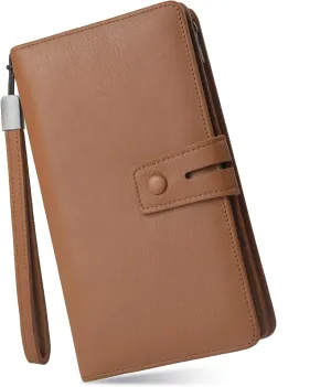 Bveyzi Women's Big Fat Rfid Leather Wristlet Wallet Organizer Large Phone Checkbook Holder with Zipper Pocket (Brown)