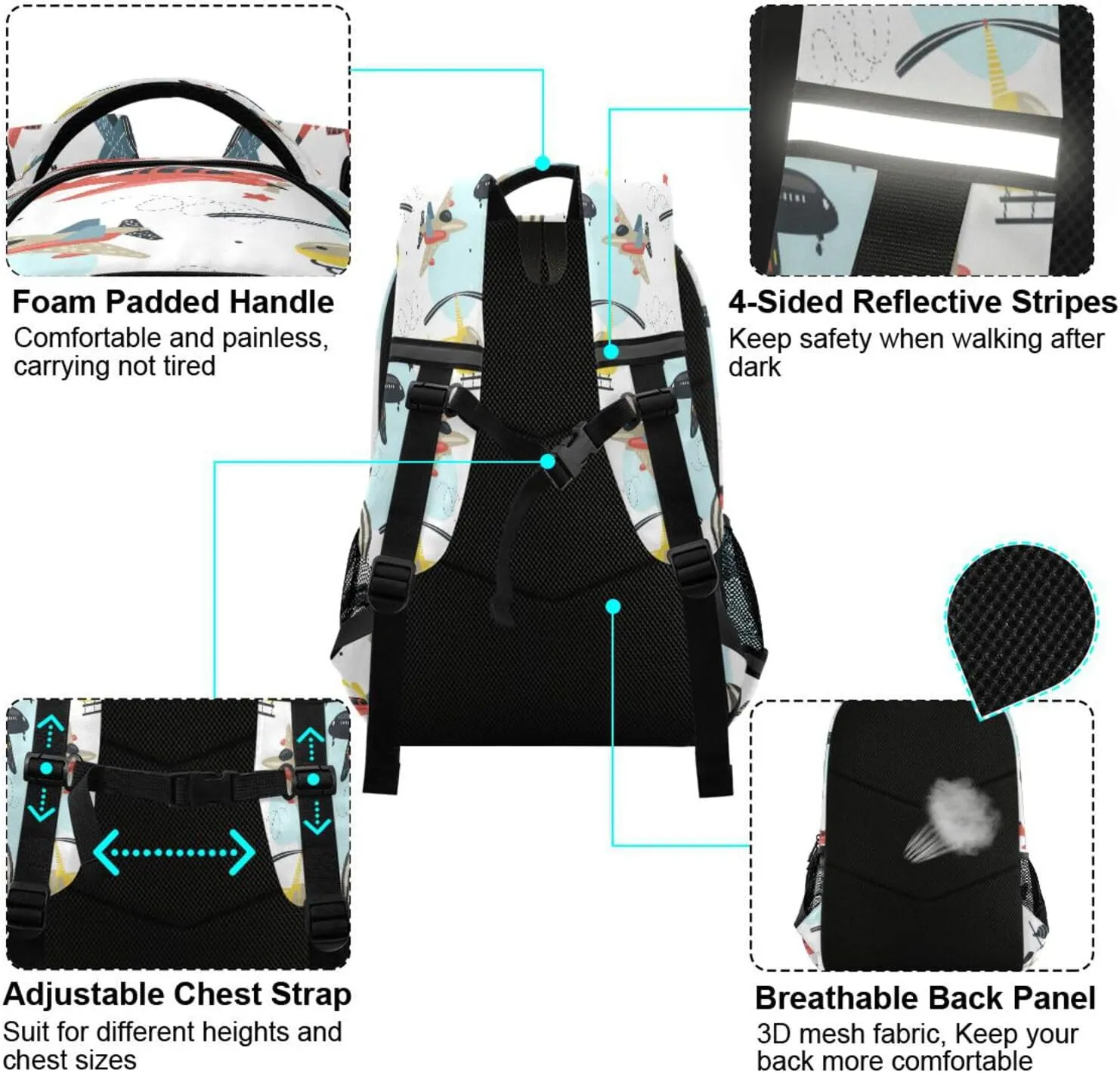 Caikeny Airplane Cars Kids Backpack Daypack College School Shoulder Bag Kawaii Travel Laptop Backpack Book Bag for Kids