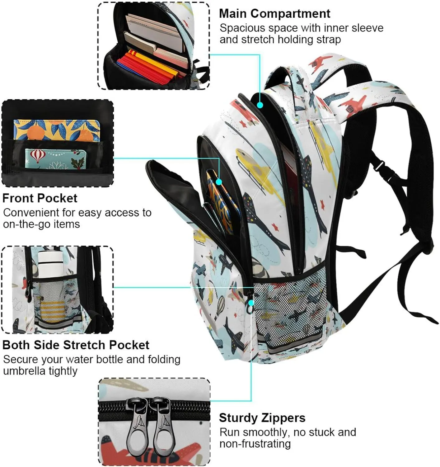 Caikeny Airplane Cars Kids Backpack Daypack College School Shoulder Bag Kawaii Travel Laptop Backpack Book Bag for Kids