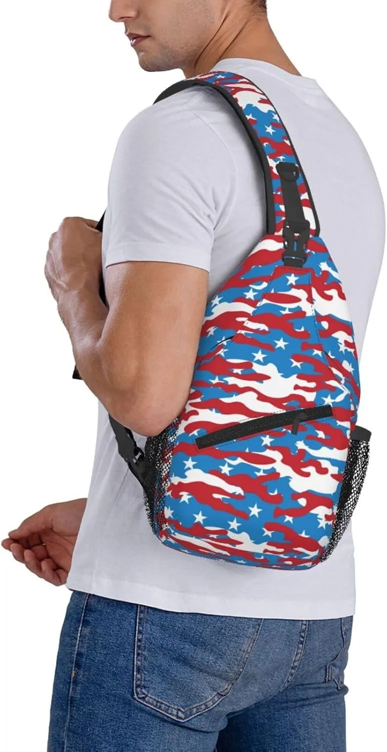 Camo American Flag Sling Backpack Chest Bag Crossbody Shoulder Bag Gym Cycling Travel Hiking Daypack For Men Women