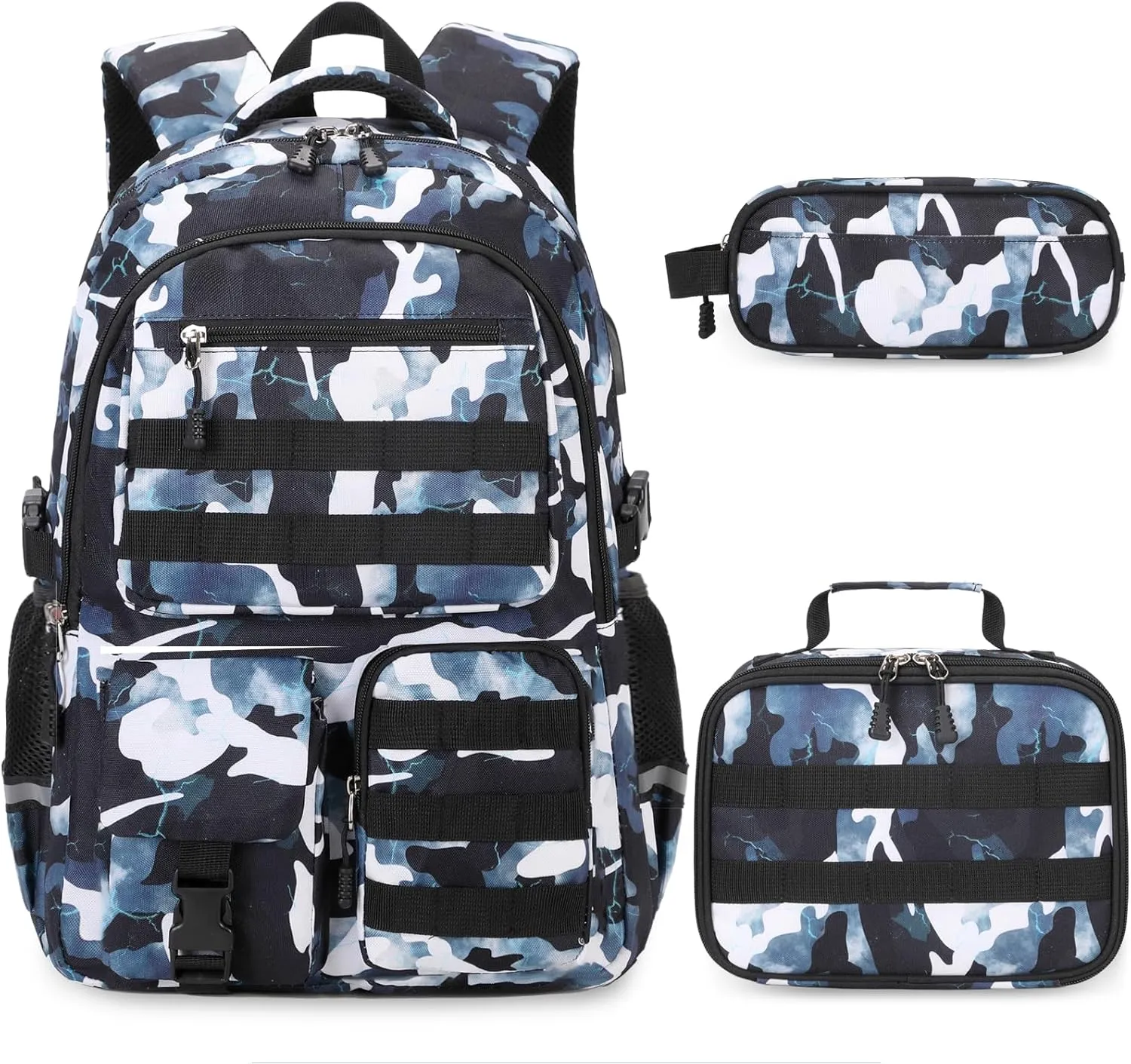Camo Backpack for Boys, Tactical Boys Backpack for School, Kids Backpack With Lunch Box Pencil Case USB Charging Port Military Army School Bags for Boy Teens Kids Elementary Middle High School
