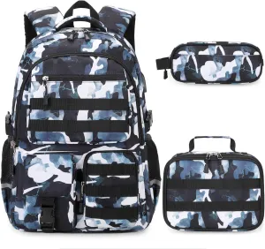 Camo Backpack for Boys, Tactical Boys Backpack for School, Kids Backpack With Lunch Box Pencil Case USB Charging Port Military Army School Bags for Boy Teens Kids Elementary Middle High School