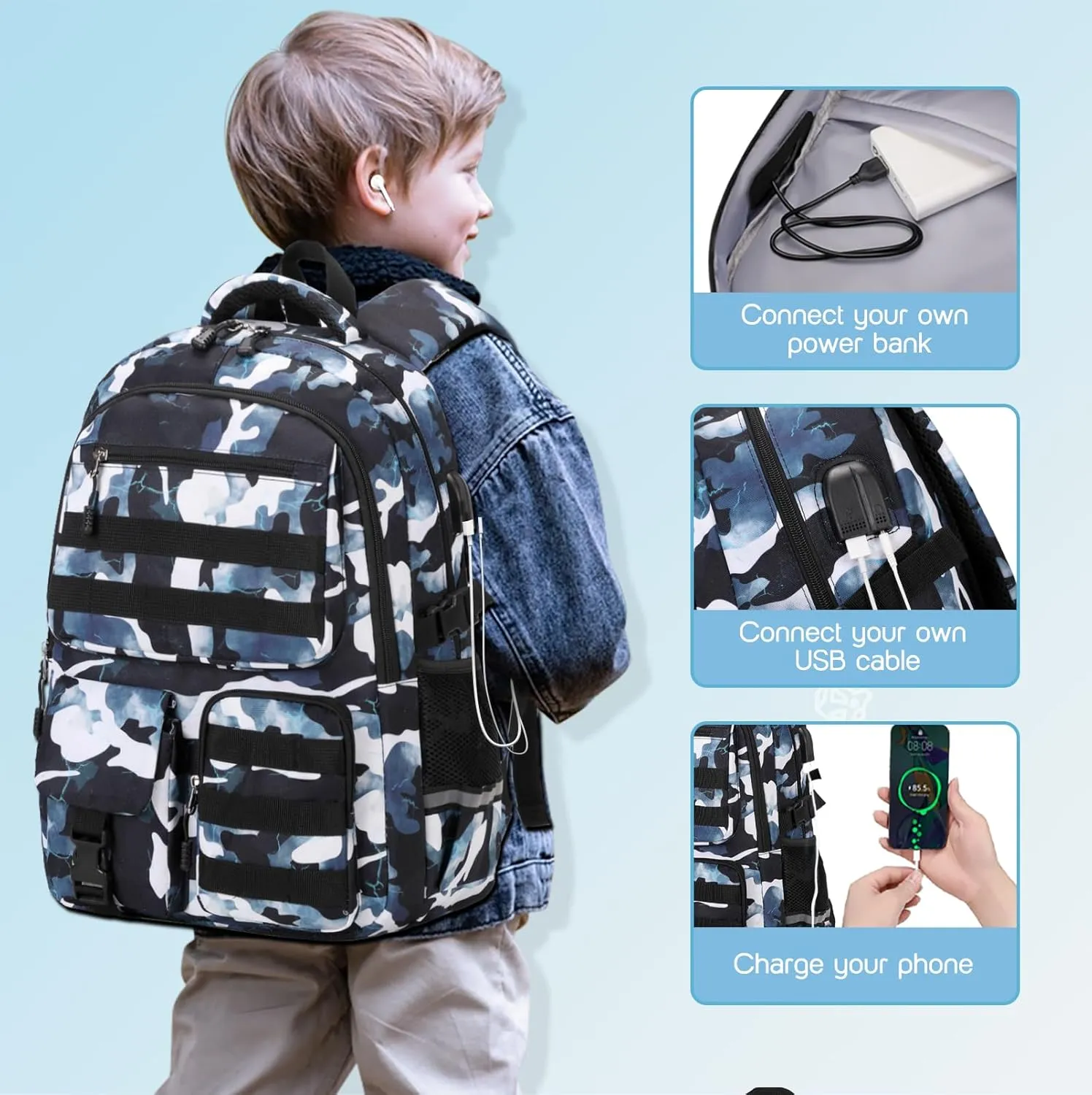 Camo Backpack for Boys, Tactical Boys Backpack for School, Kids Backpack With Lunch Box Pencil Case USB Charging Port Military Army School Bags for Boy Teens Kids Elementary Middle High School