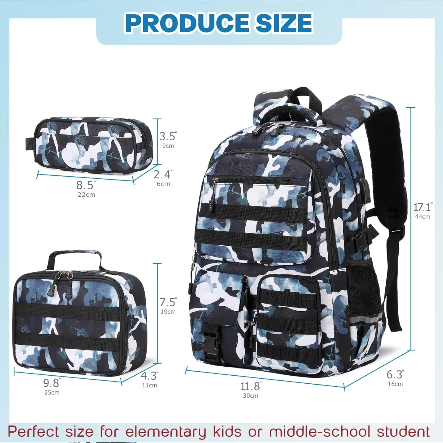 Camo Backpack for Boys, Tactical Boys Backpack for School, Kids Backpack With Lunch Box Pencil Case USB Charging Port Military Army School Bags for Boy Teens Kids Elementary Middle High School