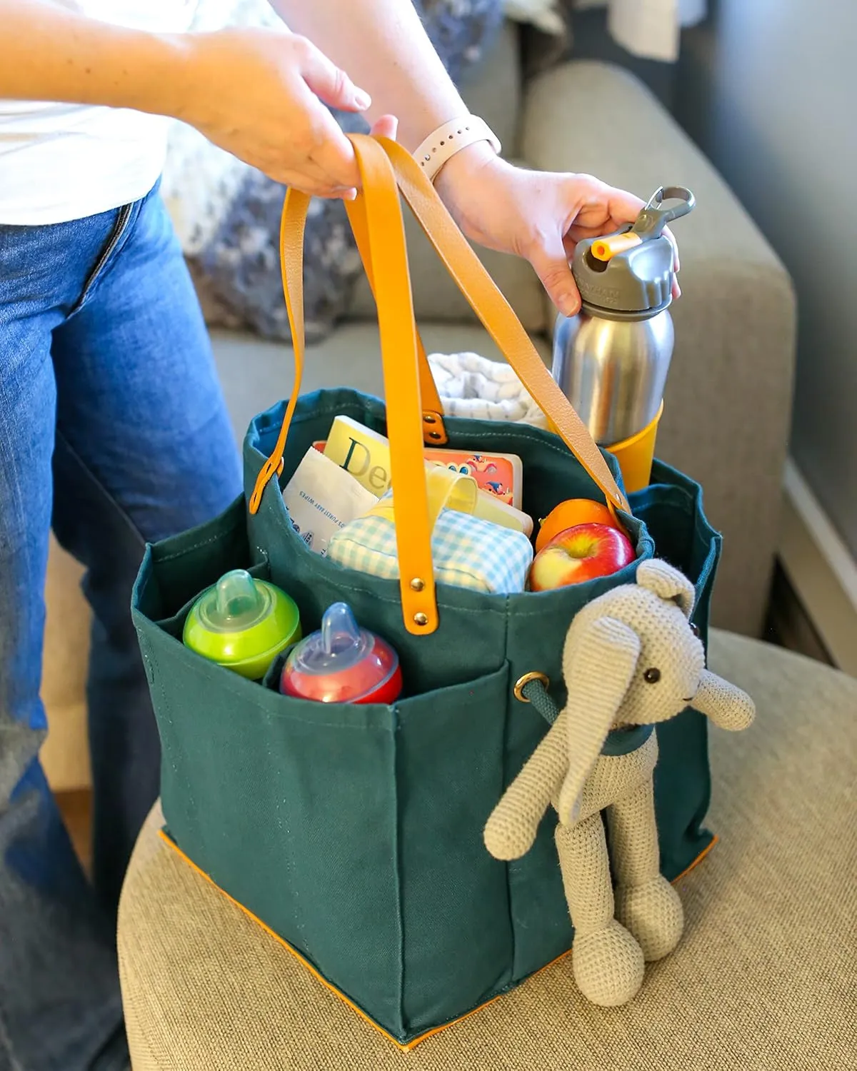 CapaBunga Farmer's Market Tote Shopping Bags with Handles - 7 Pocket Large Utility Tote Bag - Heavy Duty Canvas Utility Bag with Vegan Leather Base - Reusable Tote Bag - Petrol Blue Grocery Bag