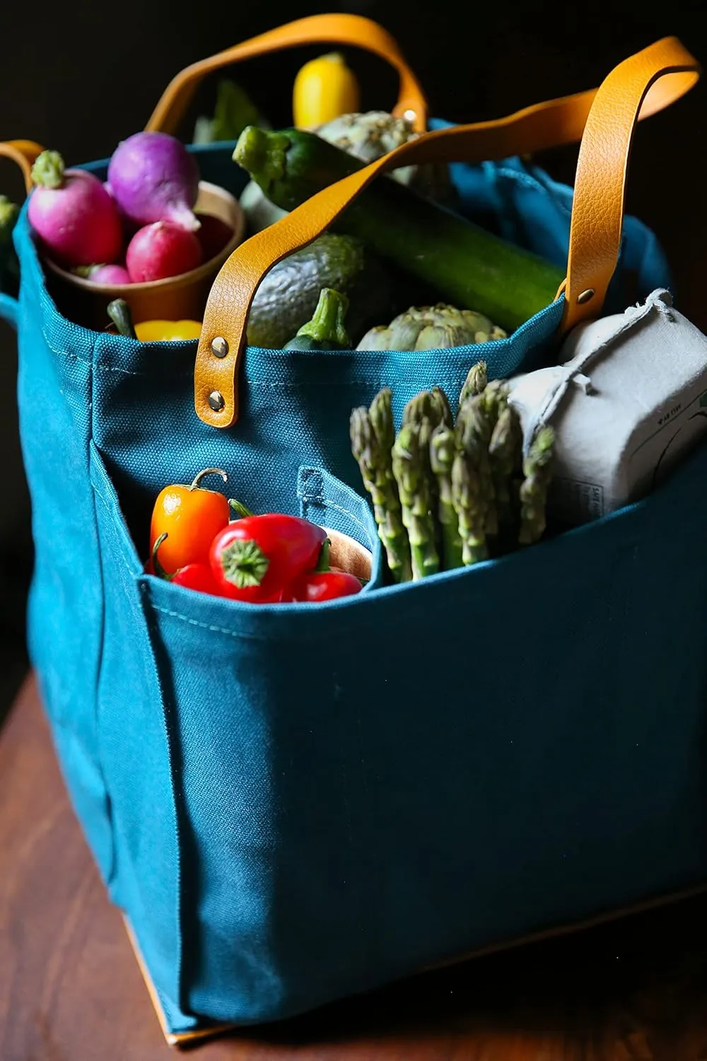 CapaBunga Farmer's Market Tote Shopping Bags with Handles - 7 Pocket Large Utility Tote Bag - Heavy Duty Canvas Utility Bag with Vegan Leather Base - Reusable Tote Bag - Petrol Blue Grocery Bag