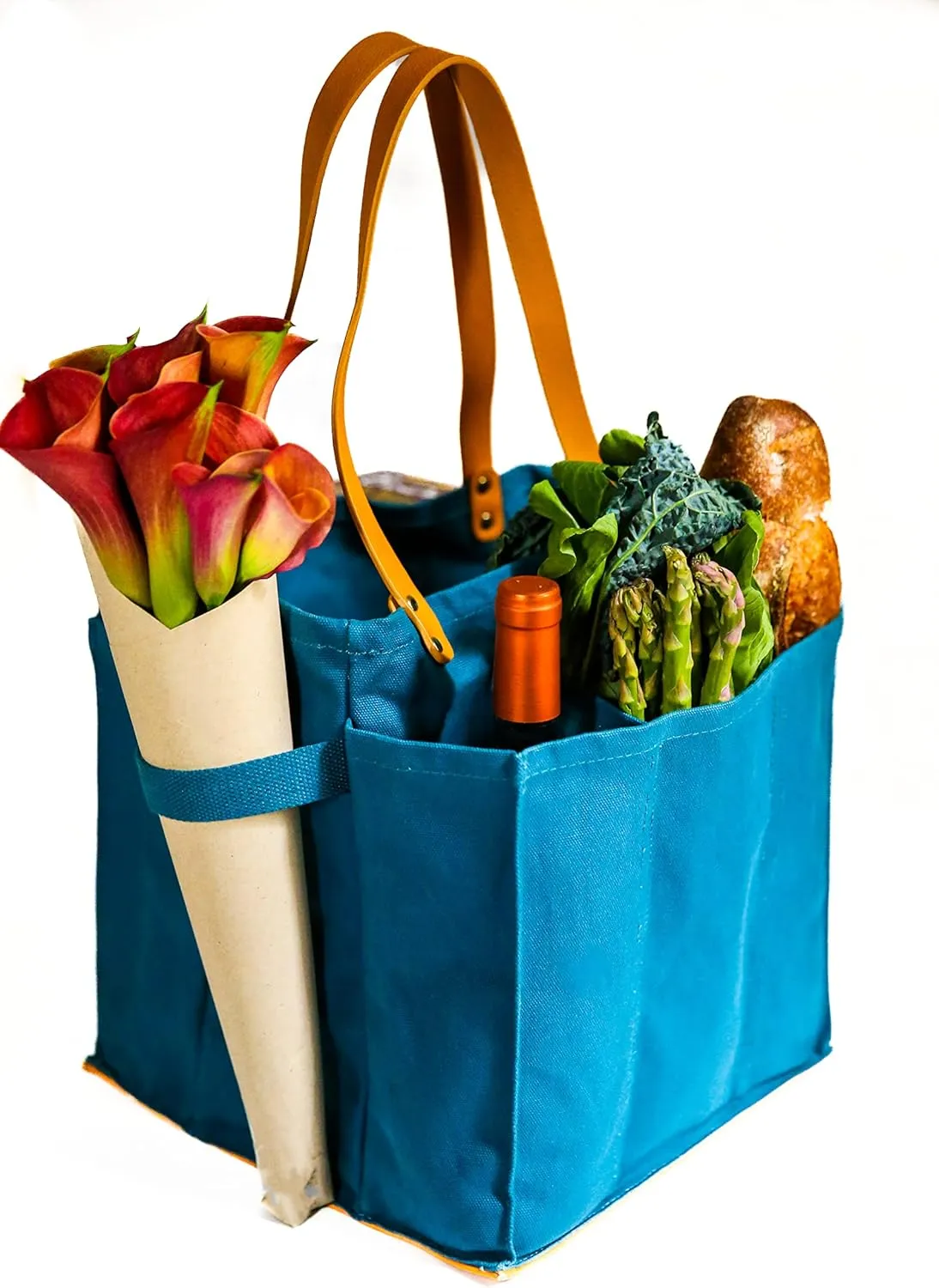 CapaBunga Farmer's Market Tote Shopping Bags with Handles - 7 Pocket Large Utility Tote Bag - Heavy Duty Canvas Utility Bag with Vegan Leather Base - Reusable Tote Bag - Petrol Blue Grocery Bag