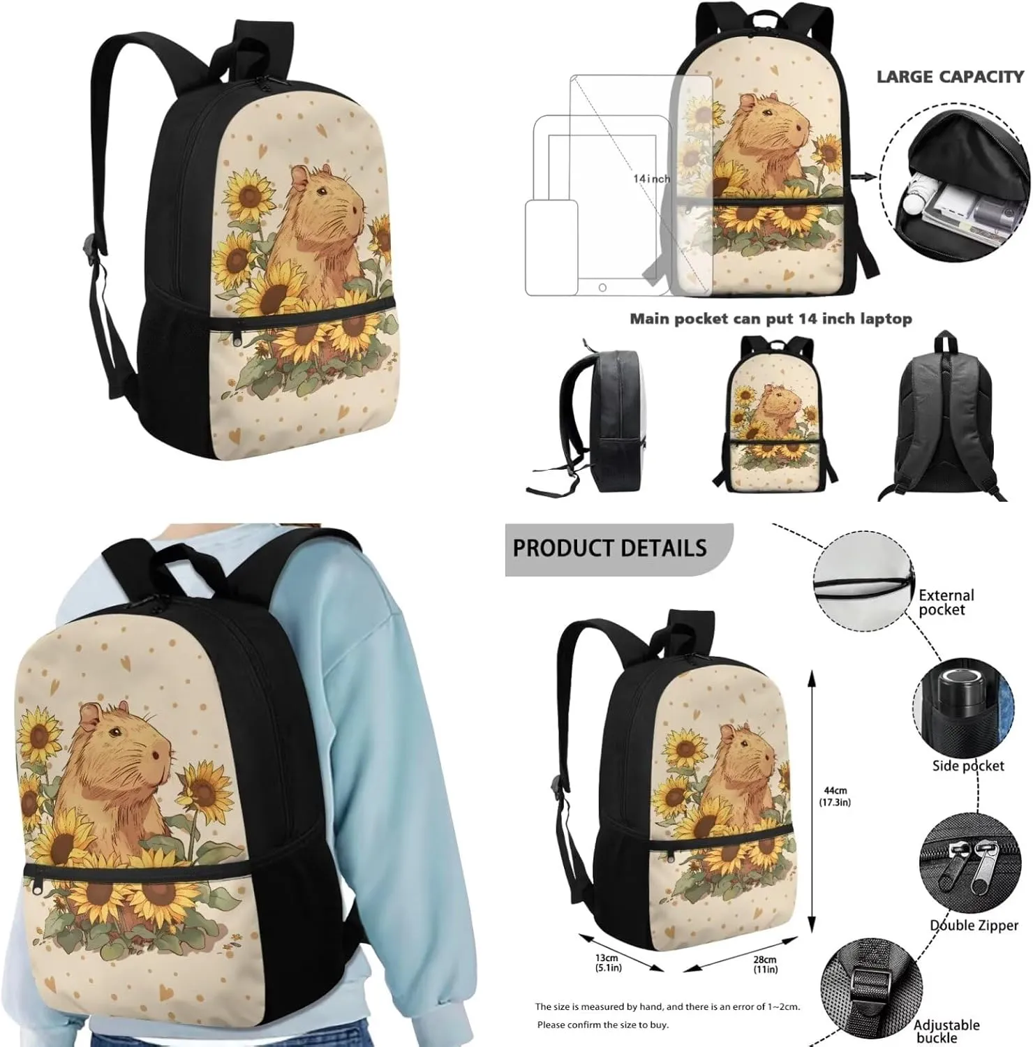 Capybar School Backpack for Girls 12-14 Portable Kids Bookbags with Lunchbox Pencil Case and Wristlet Keychain for Middle School Teenage Backpacks for Girls with Water Bottle Pocket