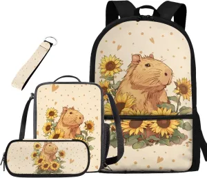 Capybar School Backpack for Girls 12-14 Portable Kids Bookbags with Lunchbox Pencil Case and Wristlet Keychain for Middle School Teenage Backpacks for Girls with Water Bottle Pocket