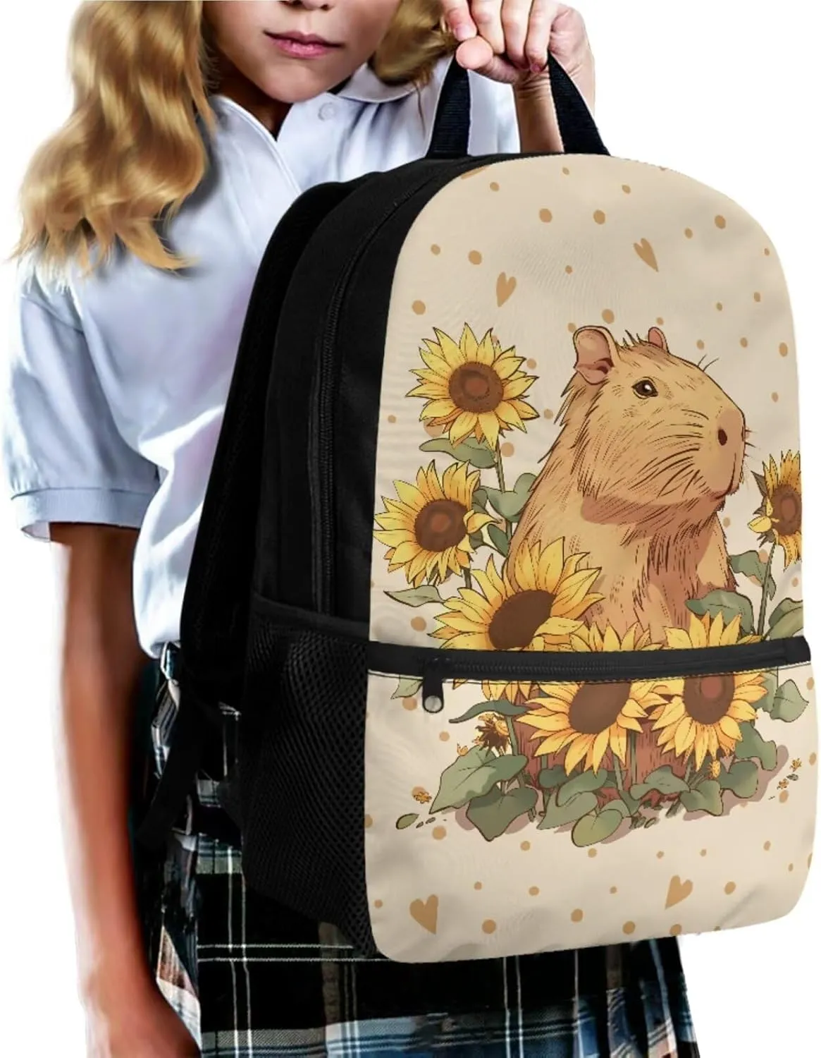Capybar School Backpack for Girls 12-14 Portable Kids Bookbags with Lunchbox Pencil Case and Wristlet Keychain for Middle School Teenage Backpacks for Girls with Water Bottle Pocket