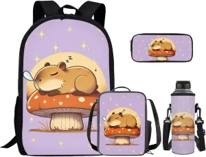 Capybara Backpack Set for Girls School Backpacks 4 Pcs Set Cute Bookbags for 5th Grade Girls Elementary School Bag with Lunchbox Pencil Case Water Bottle Sleeve for Students