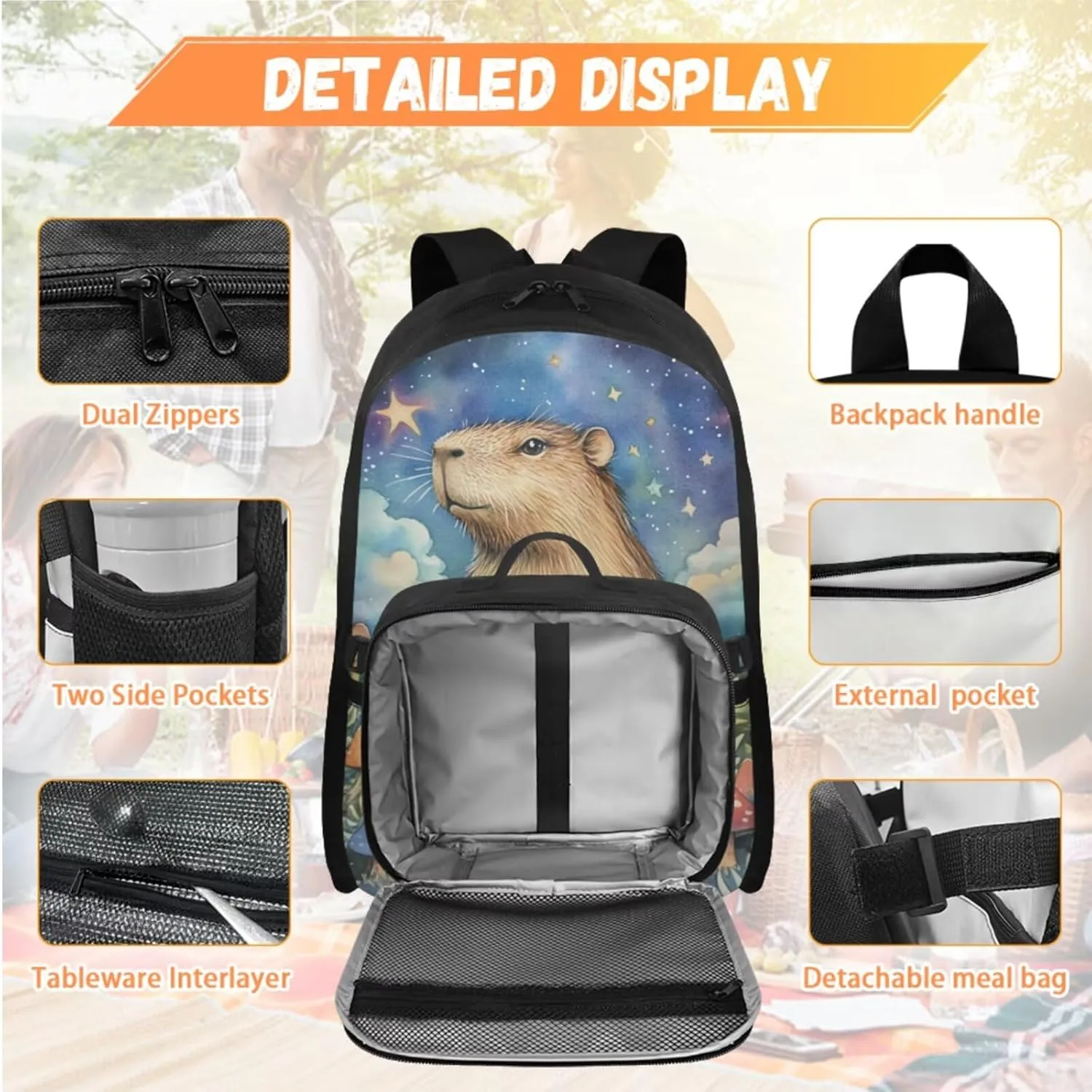 Capybara Bookbag for Girls with Lunch Box Green Leaf Backpack for School Kids Breathable Shoulder Strap Girl Backpack and Lunch Box Set Back Pack Travel Knapsack Daypack
