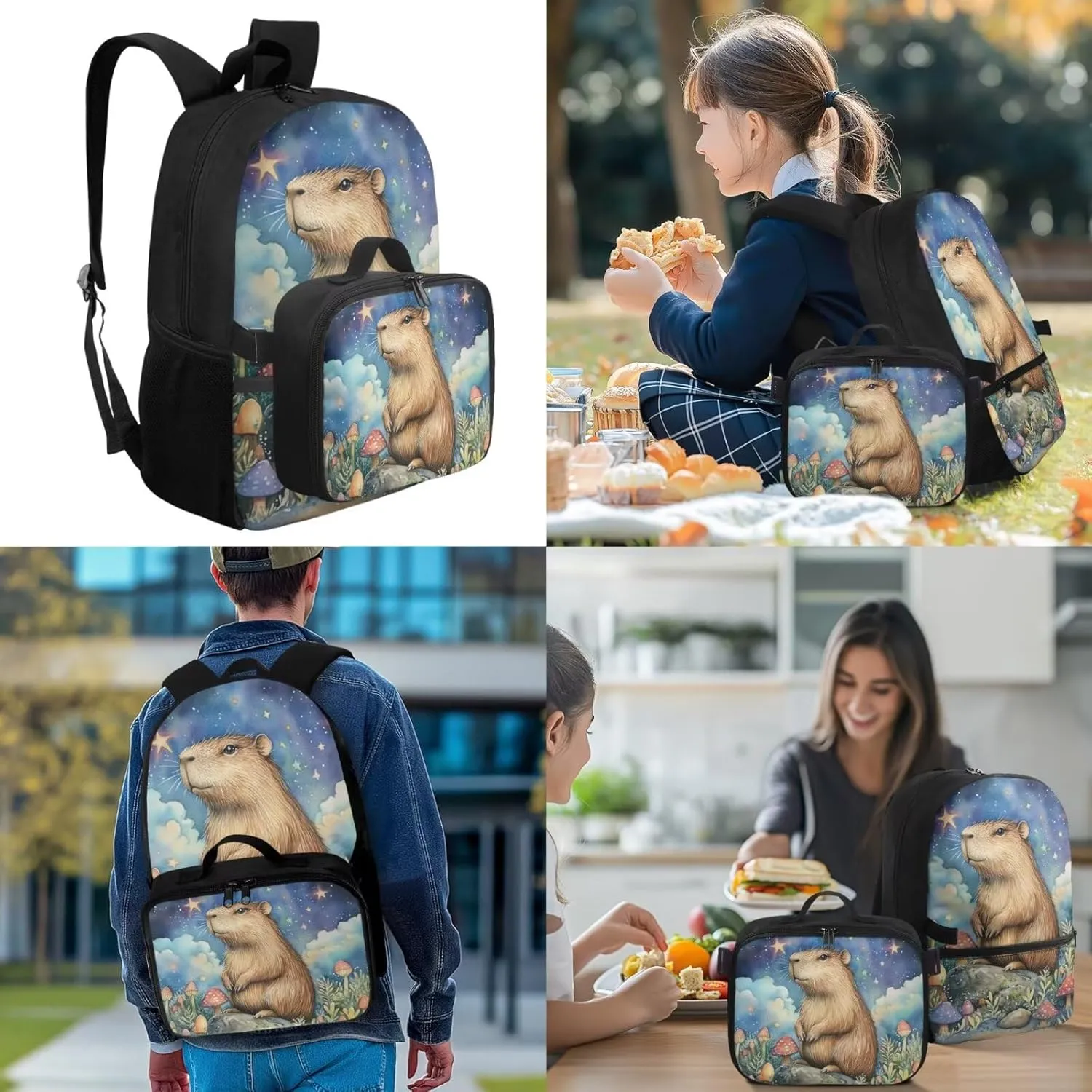 Capybara Bookbag for Girls with Lunch Box Green Leaf Backpack for School Kids Breathable Shoulder Strap Girl Backpack and Lunch Box Set Back Pack Travel Knapsack Daypack