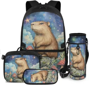 Capybara Bookbag for Girls with Lunch Box Green Leaf Backpack for School Kids Breathable Shoulder Strap Girl Backpack and Lunch Box Set Back Pack Travel Knapsack Daypack