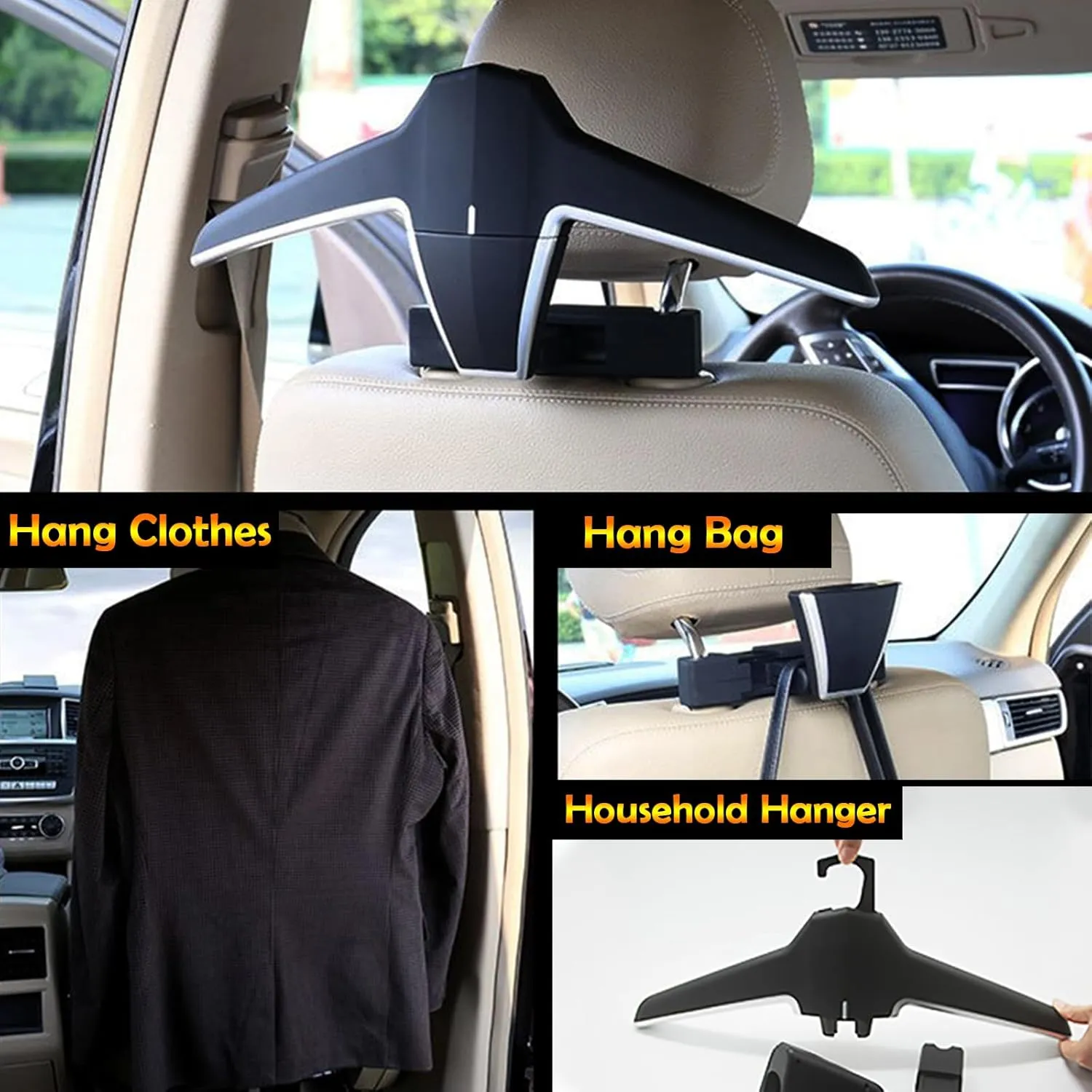 Car Back Seat Headrest Hanger with 6 Car Hooks for Coat, Jacket, Suit, Clothes, Purse, Handbag, Grocery Bags - Multi-Purpose Storage Holder for Automobile - Black