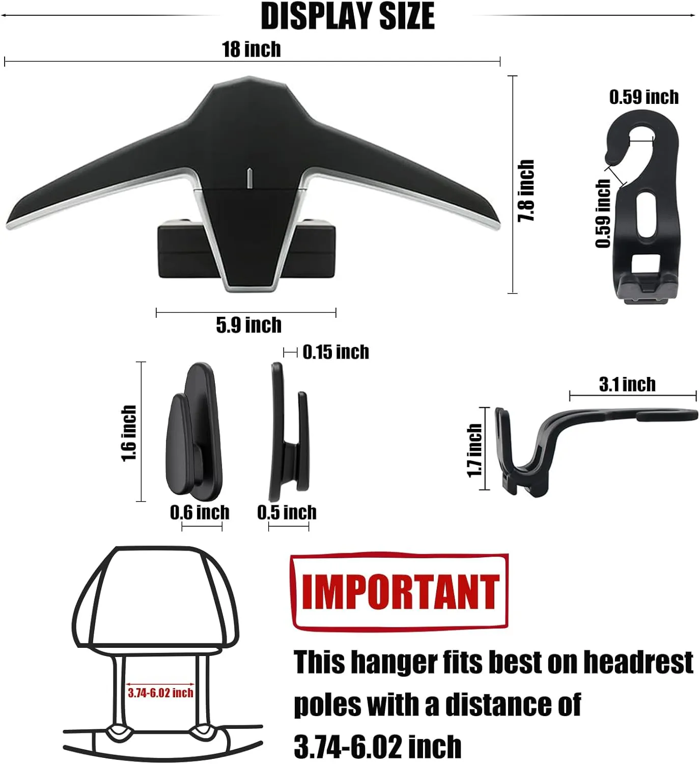 Car Back Seat Headrest Hanger with 6 Car Hooks for Coat, Jacket, Suit, Clothes, Purse, Handbag, Grocery Bags - Multi-Purpose Storage Holder for Automobile - Black