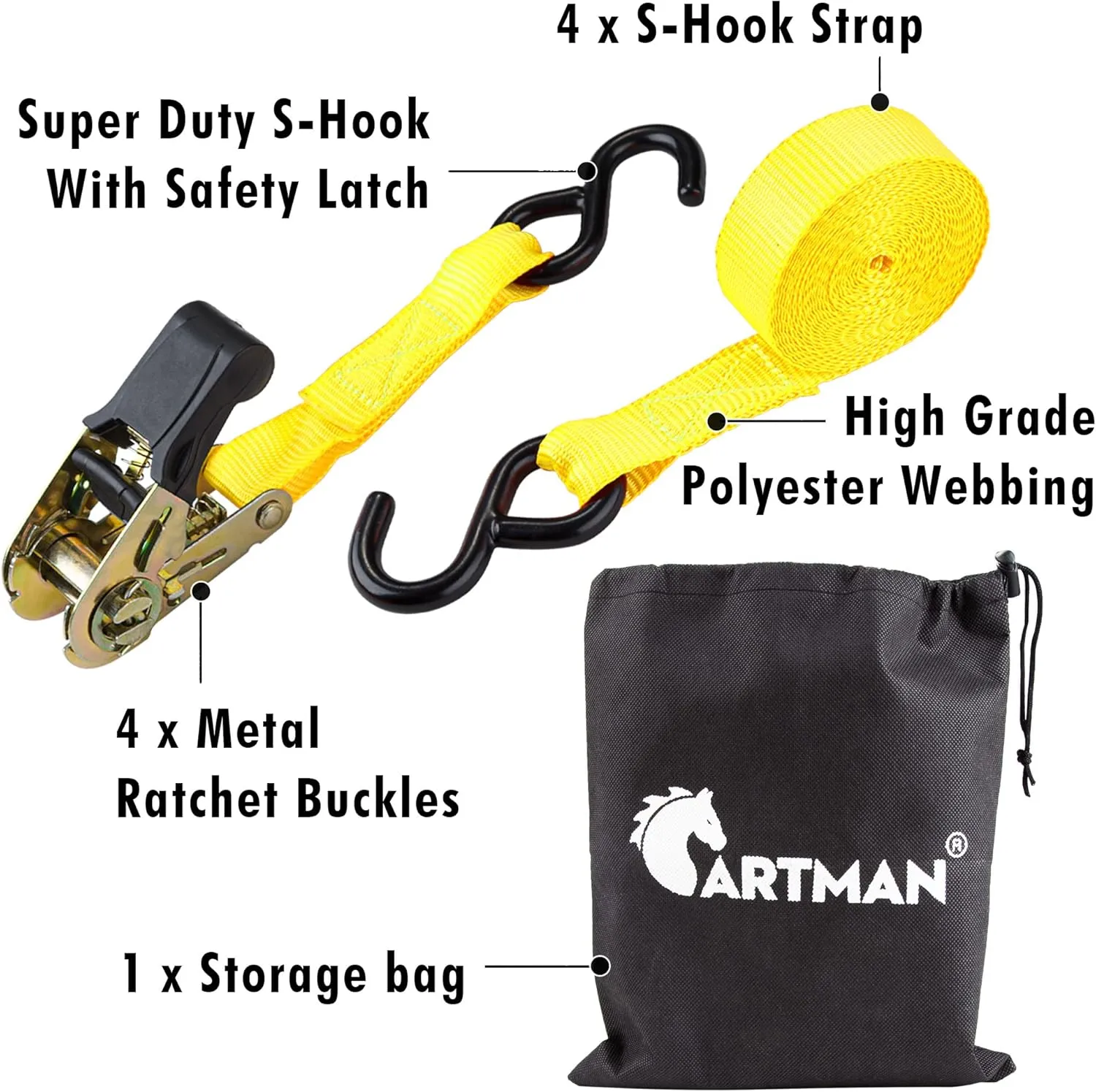 Cartman Ratchet Tie Down, 4Pk 15Ft, 500Lbs Load Cap/ 1500Lbs Break Strength, Cargo Straps for Moving Appliances, Lawn Equipment, Motorcycle in a Truck, with Carry Bag