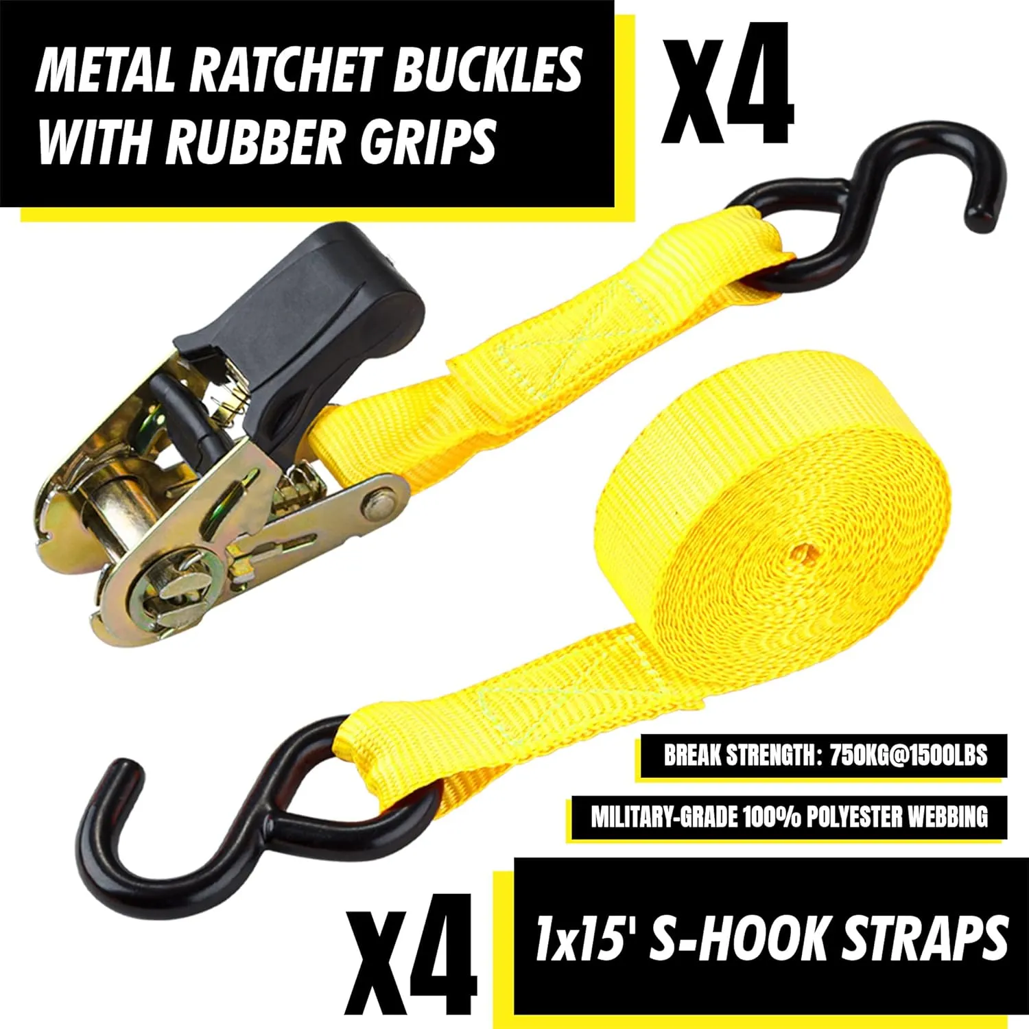 Cartman Ratchet Tie Down, 4Pk 15Ft, 500Lbs Load Cap/ 1500Lbs Break Strength, Cargo Straps for Moving Appliances, Lawn Equipment, Motorcycle in a Truck, with Carry Bag
