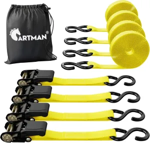 Cartman Ratchet Tie Down, 4Pk 15Ft, 500Lbs Load Cap/ 1500Lbs Break Strength, Cargo Straps for Moving Appliances, Lawn Equipment, Motorcycle in a Truck, with Carry Bag