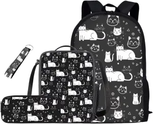 Cartoon Cat 4 in 1 Girls Backpacks Ages 8-10 with Lunchbox Fashion Casual Bag for School for Girls with Zipper Pencil Pouches for Primary School Middle School