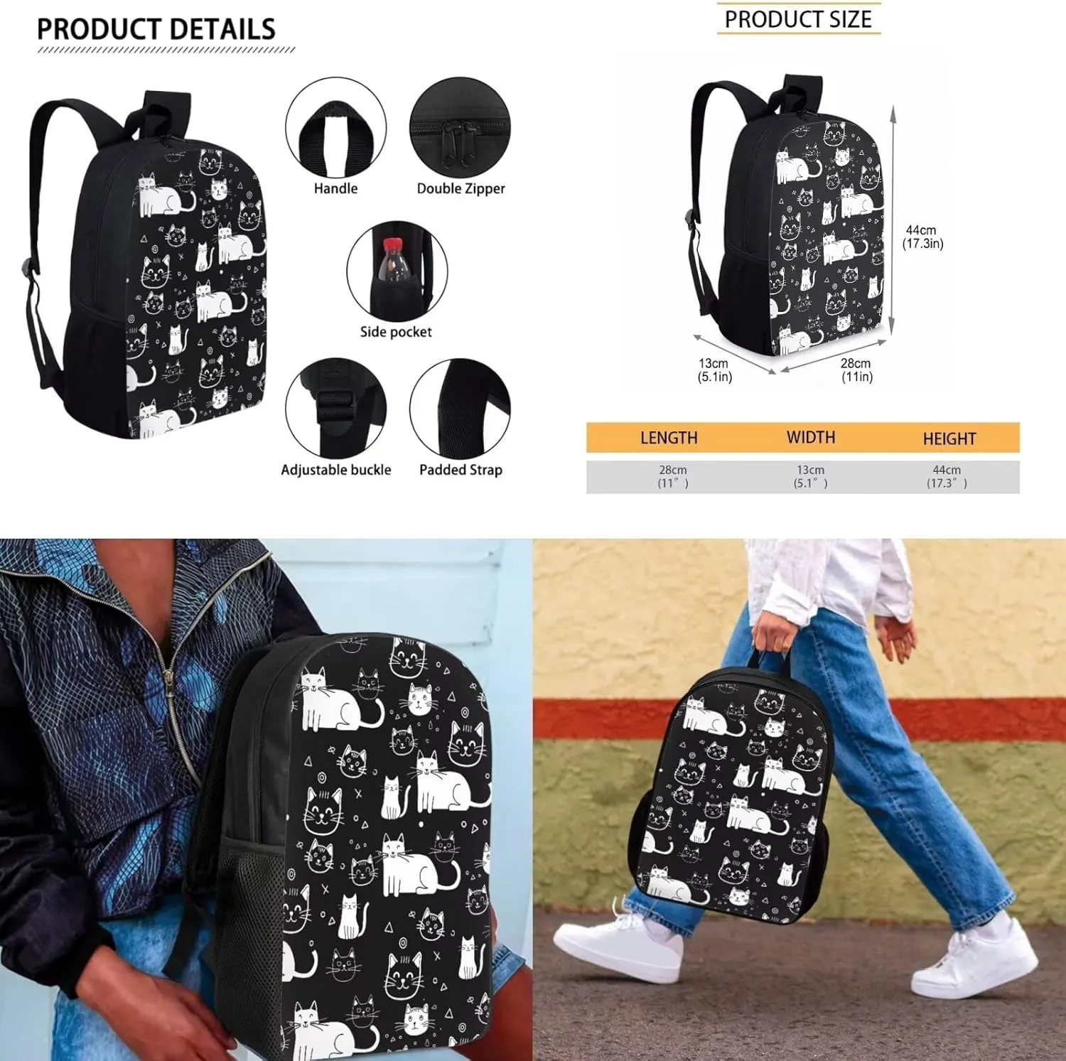 Cartoon Cat 4 in 1 Girls Backpacks Ages 8-10 with Lunchbox Fashion Casual Bag for School for Girls with Zipper Pencil Pouches for Primary School Middle School