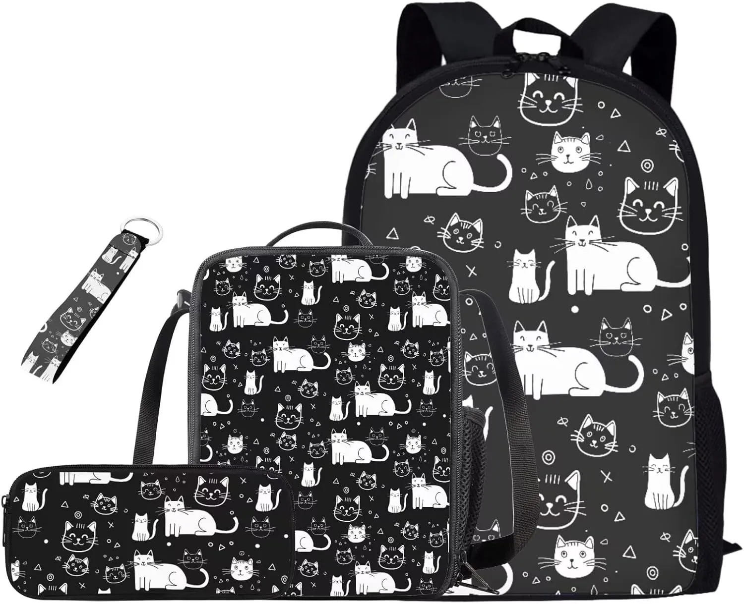 Cartoon Cat 4 in 1 Girls Backpacks Ages 8-10 with Lunchbox Fashion Casual Bag for School for Girls with Zipper Pencil Pouches for Primary School Middle School