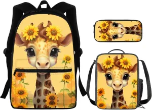 Cartoon Giraffe Kids Backpack for Teen Boys Girls Kids Bookbags for Girls Ages 5 To 8 with Water Bottle Pockets Kids School Backpack with Lunch Box for Boys Fashion Laptop Bag for College