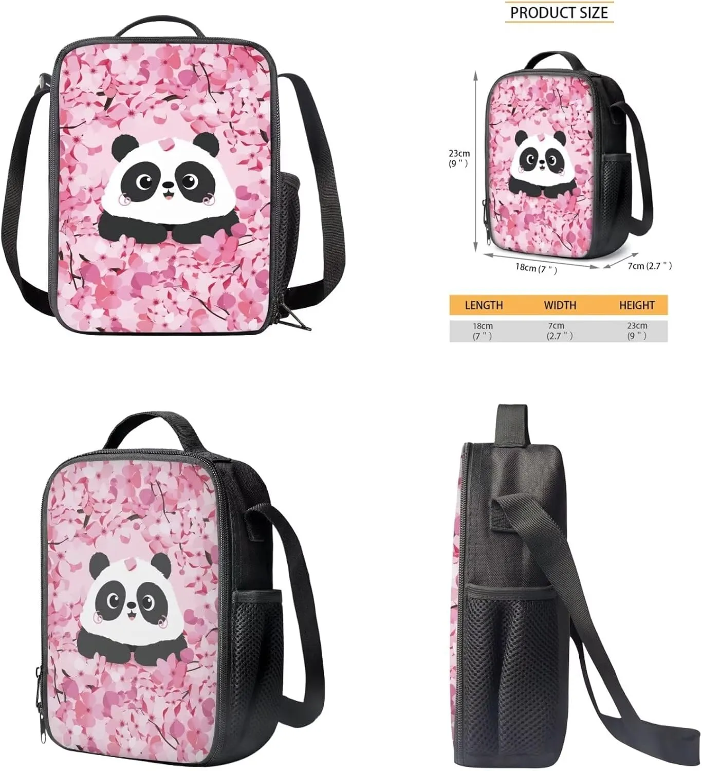 Cartoon Panda Kids Backpack for Girls Cherry Blossom 4Pcs School Backpack Set for Middle School 17 Inch Backpack Set for Elementary School Student Waterproof 4 Piece School Bag