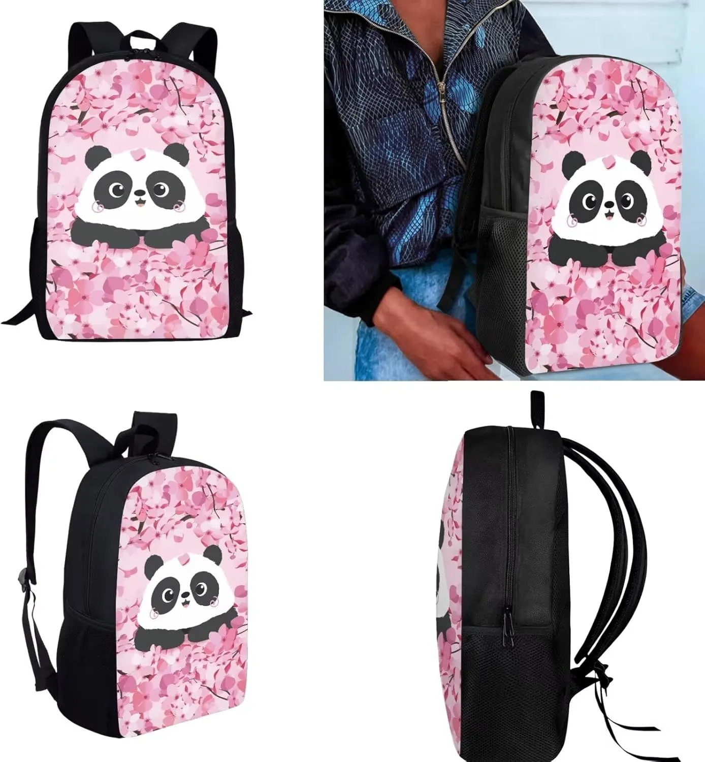 Cartoon Panda Kids Backpack for Girls Cherry Blossom 4Pcs School Backpack Set for Middle School 17 Inch Backpack Set for Elementary School Student Waterproof 4 Piece School Bag